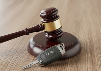 A judges gavel rests beside a car key