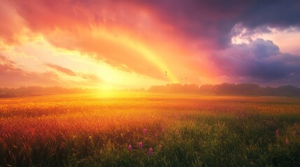 Majestic sunrise over golden field with rainbow hues painting a dreamlike sky