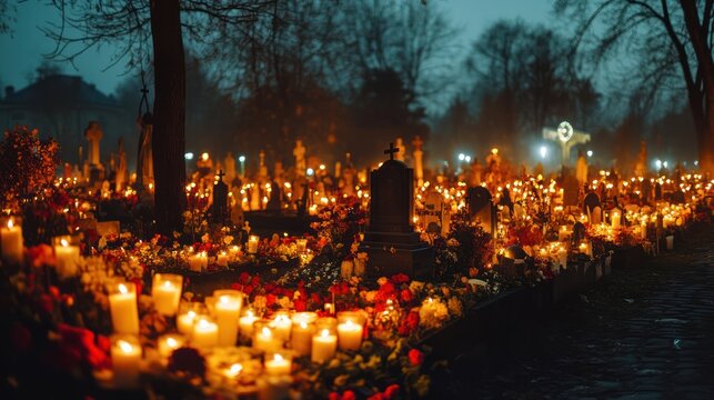 Solemn night lights illuminating a cemetery, honoring departed souls and memories