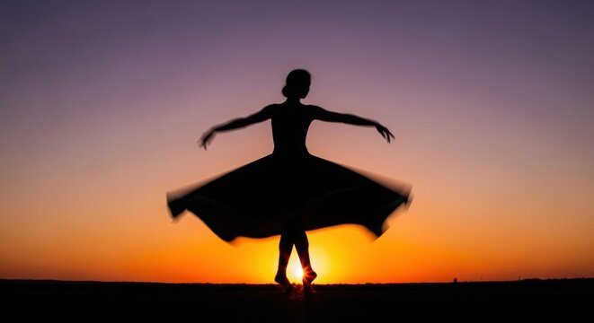 A lone whirling dervish performs a spiritual dance against a vibrant sunset sky a captivating silhouette