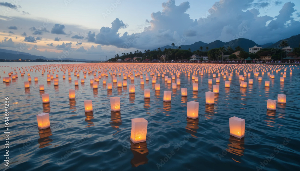 Poster glowing lanterns float gently on the water's surface, creating a serene atmosphere. the backdrop fea