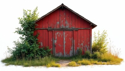 Isolated weathered red barn rustic charm. Overgrown greenery, plants surround aged wood structure. Isolated on white background, vintage farmhouse offers country life, agricultural themes.