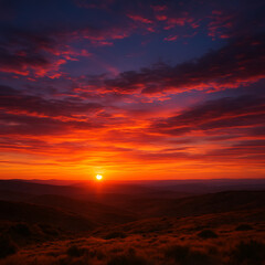 Fototapeta premium Red and purple twilight sky during sunset over horizon with glowing sun. 