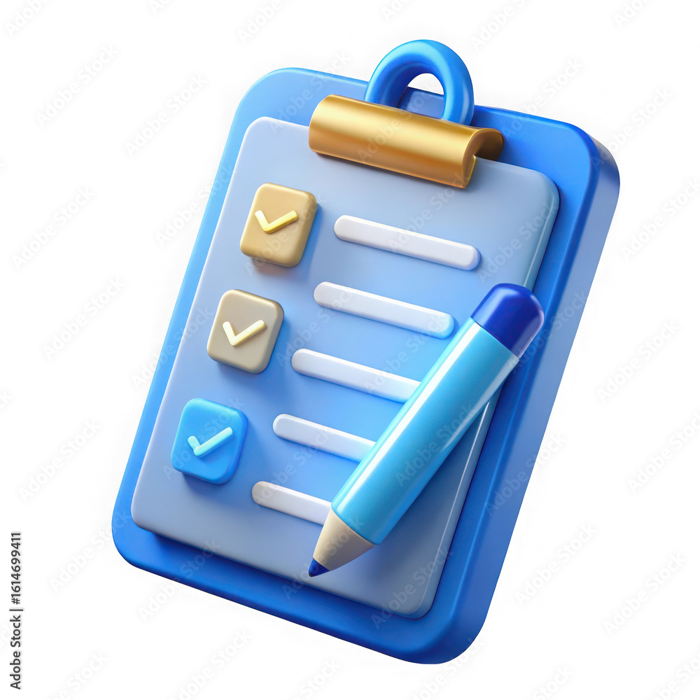 Poster 3d illustration of a blue clipboard with a checklist and a pen for managing tasks and organizing inf