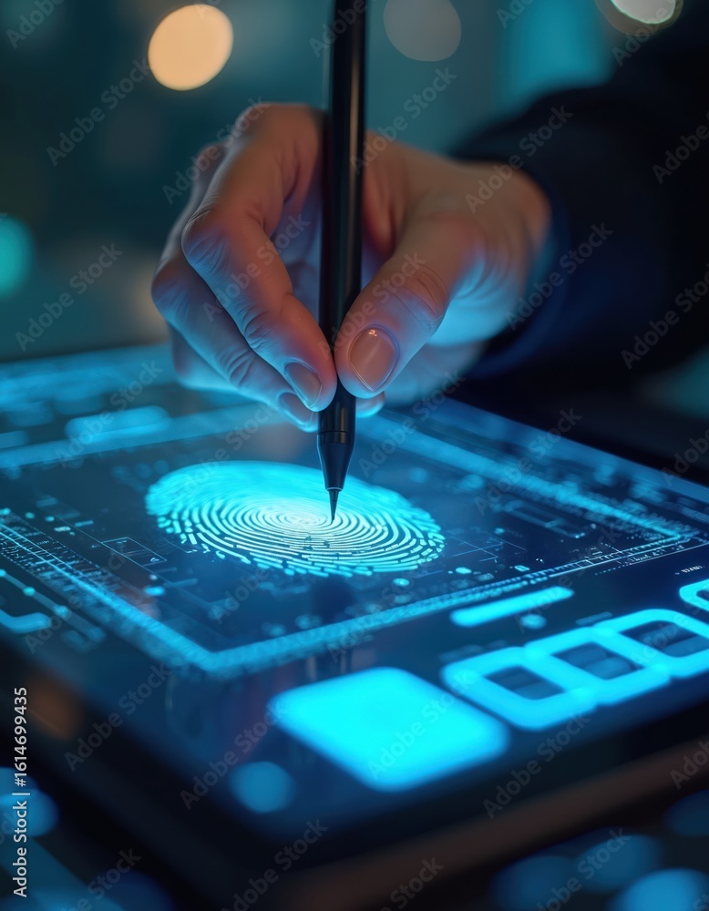 Poster Hand with stylus signs on glowing futuristic touchscreen interface. Biometric fingerprint scan graphics confirm authentication, identity verification, representing advanced technology, cyber security.