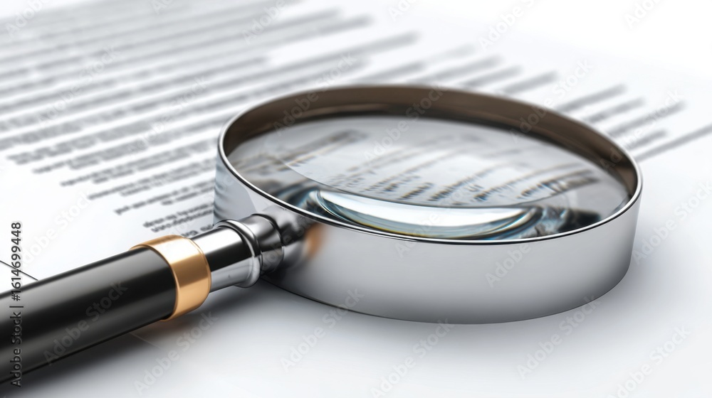 Poster a magnifying glass sits on top of a pile of printed text, emphasizing the importance of careful read