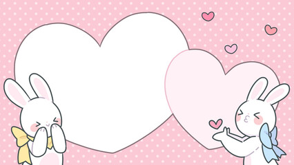 Cute photo frame background template decorated with a pair of rabbits sending hearts to each other.