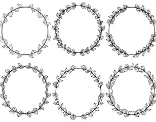 Fototapeta premium Six black and white circular wreaths with leaf details