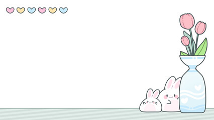 Cute picture frame background template decorated with rabbits, tulip vases and hearts.
