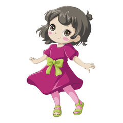 Cartoon girl with brown hair and big eyes wearing a pink dress with a green bow and green sandals