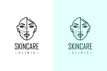 woman face with half showing acne and half healed skin vector illustration, logo for cosmetics brand, healthy skin, makeup, skin specialist, skin clinic, luxury facial spa, skincare, and more