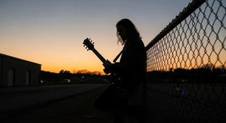A lone musician plays an electric guitar against a vibrant sunset sky in a striking silhouette