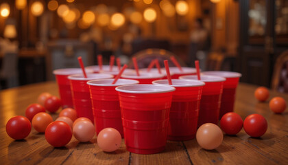 A collection of red cups filled with colorful drinks is placed on a wooden table. Nearby are various balls, creating a festive atmosphere in a bustling venue illuminated by warm lights