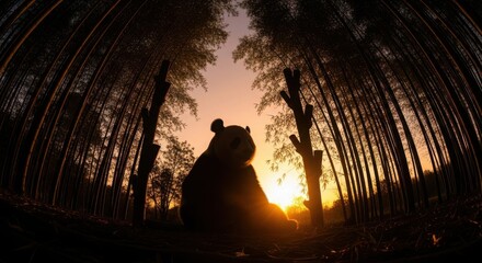 Romantic couple embracing under a sunset sky amidst tall trees silhouette