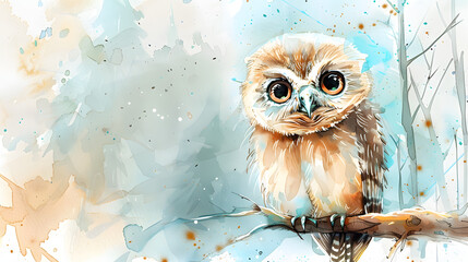 watercolor painting of a cute baby owl with flower