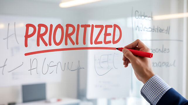 Hand writing prioritized on glass board with red marker - Powered by Adobe