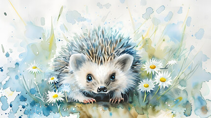 watercolor painting of a cute baby hedgehog