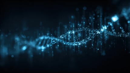 A vivid depiction of a DNA strand highlighted in luminous blue hues, surrounded by abstract visual elements that signify scientific data and genetic information.