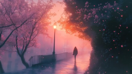 Ethereal stroll amid blossoming trees in pink-hued twilight, creating serene mood
