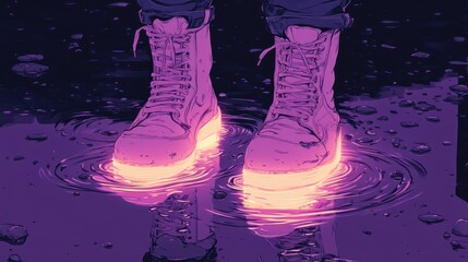 Glowing shoes of a cyberpunk girl standing in a puddle of water.