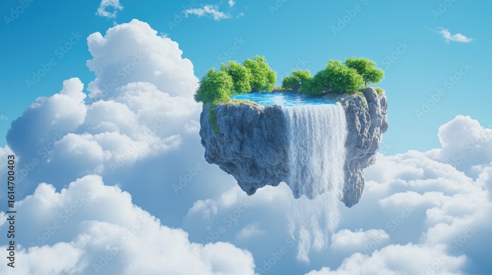 Poster fantasy surreal floating island with waterfalls cascading into the clouds, creating a dreamlike scen