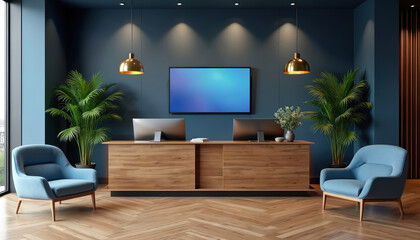 Fototapeta premium Modern reception area designed for new employee orientation. Features sleek wooden desk with computers, monitors, comfortable blue armchairs, rich green plants. Warm lighting, large screen create