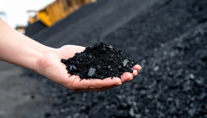 A person's hand holding a sample of raw coal, symbolizing the fossil fuel industry and energy production.