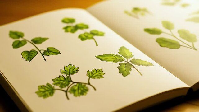 Botanical illustrations in open sketchbook