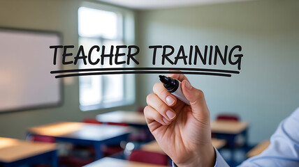 Hand writing teacher training on glass with marker