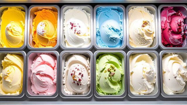 A vibrant assortment of artisanal ice cream and gelato flavors in a shop display case, a colorful sweet treat.
