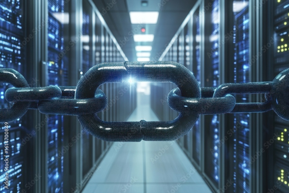 Poster data processing with a digital chain structure inside a server room showcasing network connections, 