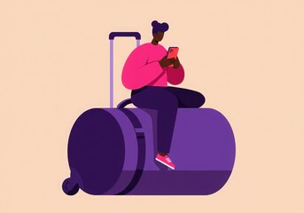 Woman sitting on luggage looking at her phone