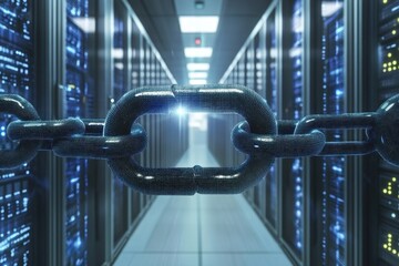 Data processing with a digital chain structure inside a server room showcasing network connections, data processing with chain over server room