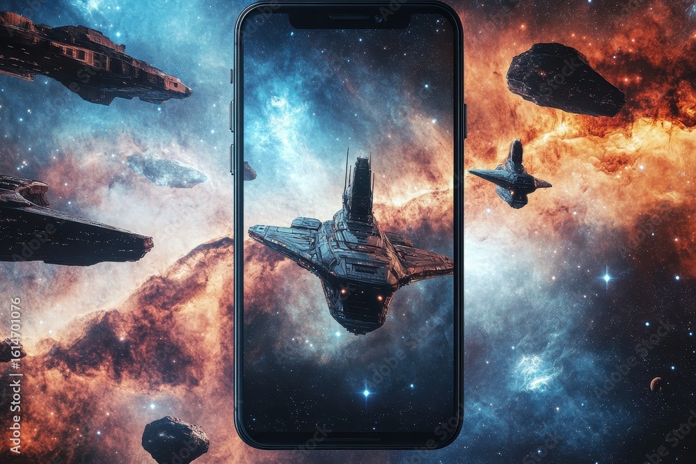 Poster spaceships navigating through a vibrant galaxy displayed on a smartphone screen, emphasizing futuris