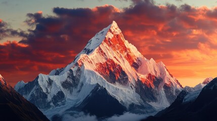 Majestic peak kissed by dawn, snow-capped mountains illuminate at sunrise