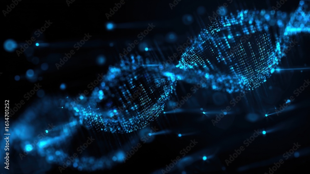Poster an intricate digital depiction of a dna double helix formed by flowing data streams, showcasing adva