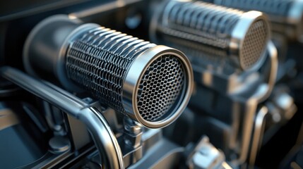 Close-up view of a powerful engine's intricate metallic components, showcasing a detailed texture and design. Highlighting the engineering precision and industrial aesthetic.