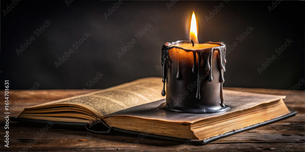 Poster a black candle burns steadily atop an open vintage book, creating a warm glow. the setting evokes a 