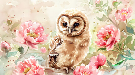 watercolor painting of a cute baby owl with flower