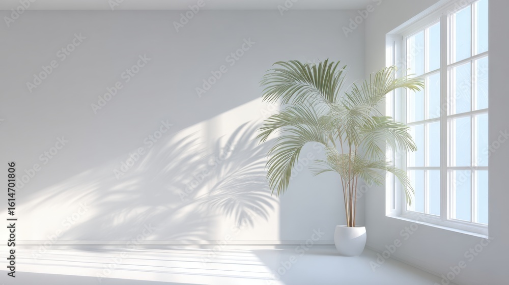 Aufkleber bright daylight filters through a large window, creating soft shadows on a white wall. a green palm 