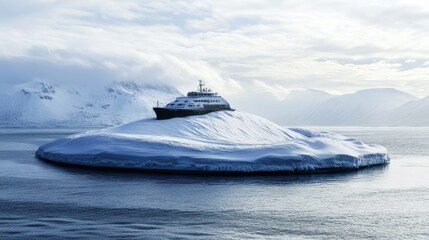 Modern expedition vessel navigating the serene arctic waters and snow-covered islet