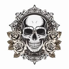 Vector tattoo design pattern featuring skulls, roses, and baroque elements in a dark gothic engraving style, black ink only