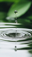 Water droplet falls creating ripples in a clean pond. Blurred green foliage reflects in the clear liquid surface. Natural elements theme.