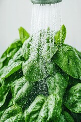 Green leaves under shower head with water drops. Fresh herb plant getting watered. Healthy food ingredient closeup. Simple refreshing nature concept.