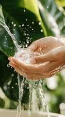 Clear liquid flows over cupped hands. Splashes shine in light against blurred green foliage in background. Pure refreshing stream. Cleansing action.