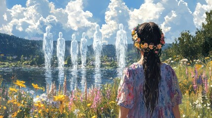 A little girl, wearing a wreath of flowers, approaches the pond. As she draws near, ghostly figures appear from the depths of the water. Their outlines are vague and mysterious.