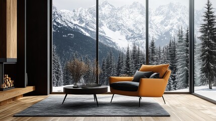 Fototapeta premium Luxurious living room with a vibrant orange armchair overlooking snow-covered mountains. Fireplace & coffee table