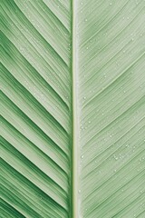 Close up of fresh green leaf with tiny water droplets. Detailed plant texture shows parallel lines and smooth central stem. Nature background in light green tones.