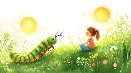 A girl is seen in a peaceful meadow, under twin suns, with a giant, centipede-like creature by her side.