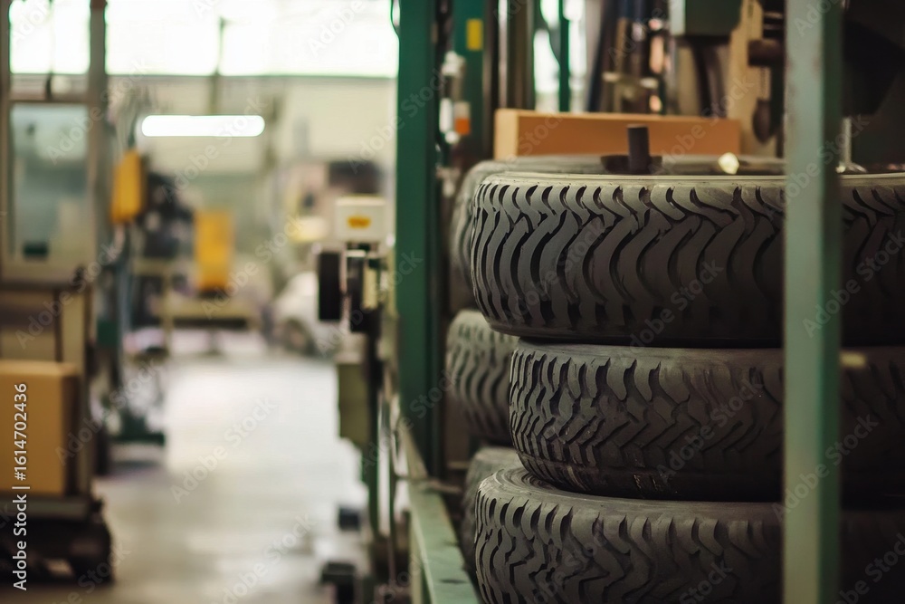 Poster exploring the timelapse motion in a tire production workshop with intricate machinery and tire creat